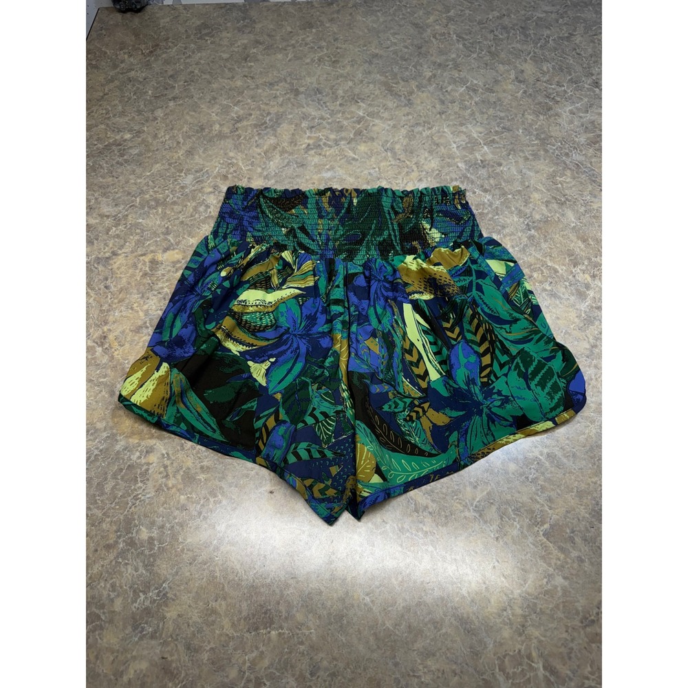 Offline by Aerie Tropical Floral Smocked Waist Shorts Green Blue Large